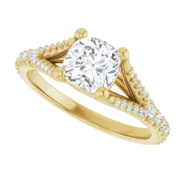 1 CT Accented Shank Cushion Cut Diamond engagement Ring on yellow gold sideway picture showing center stone 