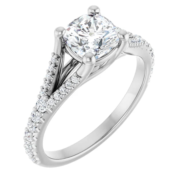 1 CT Accented Shank Cushion Cut Diamond engagement Ring on White gold showing Center stone and accented shank 