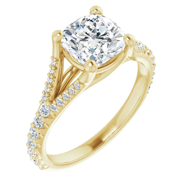 2 CT Accented Shank Cushion Cut Diamond engagement Ring on yellow gold sideway picture showing diamond 