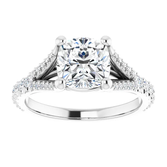 2 CT Accented Shank Cushion Cut Diamond engagement Ring on white gold showing center stone 