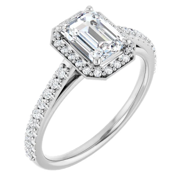 1 CT Halo Style Emerald Cut Diamond Engagement Ring for women on white gold showing details from the side 