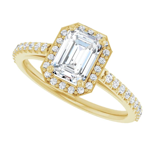 1 CT Halo Style Emerald Cut Diamond Engagement Ring for women on yellow gold sideway picture 