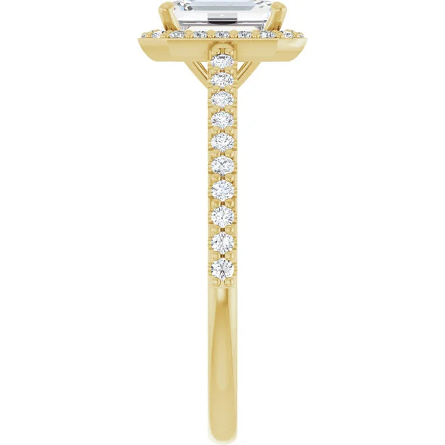 1 CT Halo Style Emerald Cut Diamond Engagement Ring for women yellow gold showing diamond on the shank