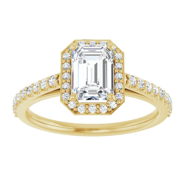 1 CT Halo Style Emerald Cut Diamond Engagement Ring for women yellow gold showing center stone 