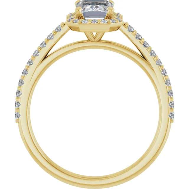 1 CT Halo Style Emerald Cut Diamond Engagement Ring for women on yellow gold showing under gallery 