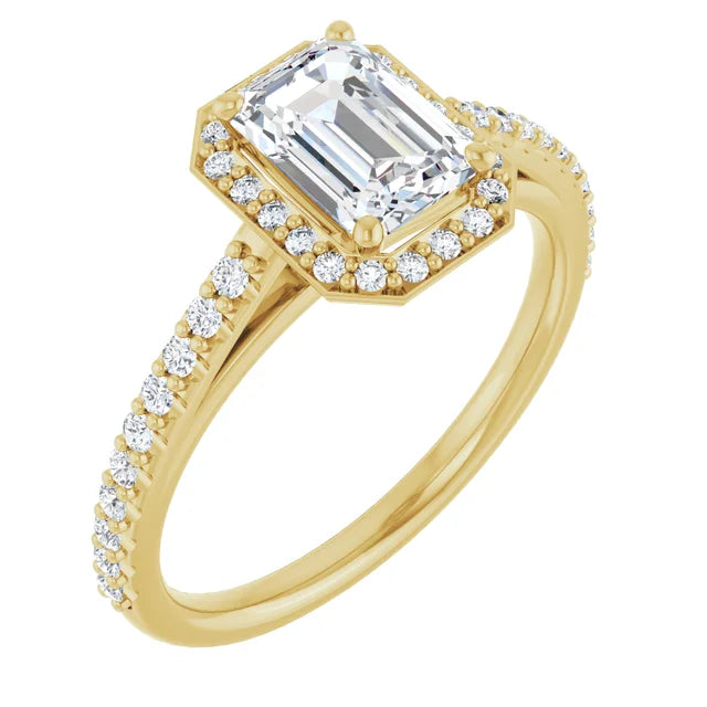 1 CT Halo Style Emerald Cut Diamond Engagement Ring for women yellow gold sideway picture showing details 