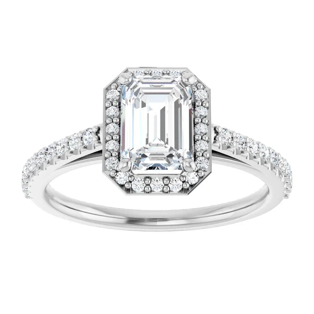 1 CT Halo Style Emerald Cut Diamond Engagement Ring for women on white gold showing center stone 