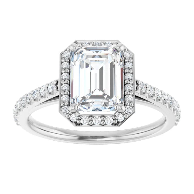 2 CT Halo Style Emerald Cut Diamond Engagement Ring for women on white gold showing center stone 