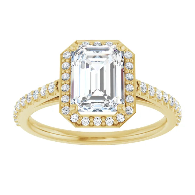 2 CT Halo Style Emerald Cut Diamond Engagement Ring for women yellow gold showing center stone 