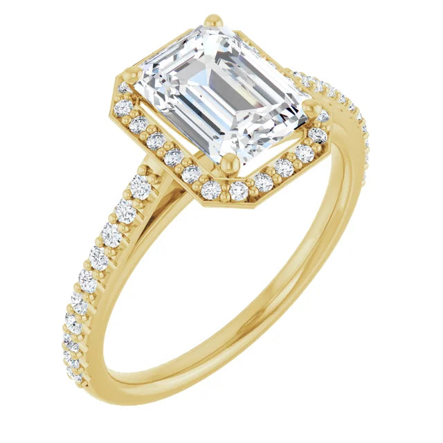 2 CT Halo Style Emerald Cut Diamond Engagement Ring for women on yellow gold sideway picture showing details 