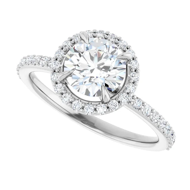 Halo Style Lab Grown Diamond Engagement Ring 14K White Gold showing Center Stones and shanks 