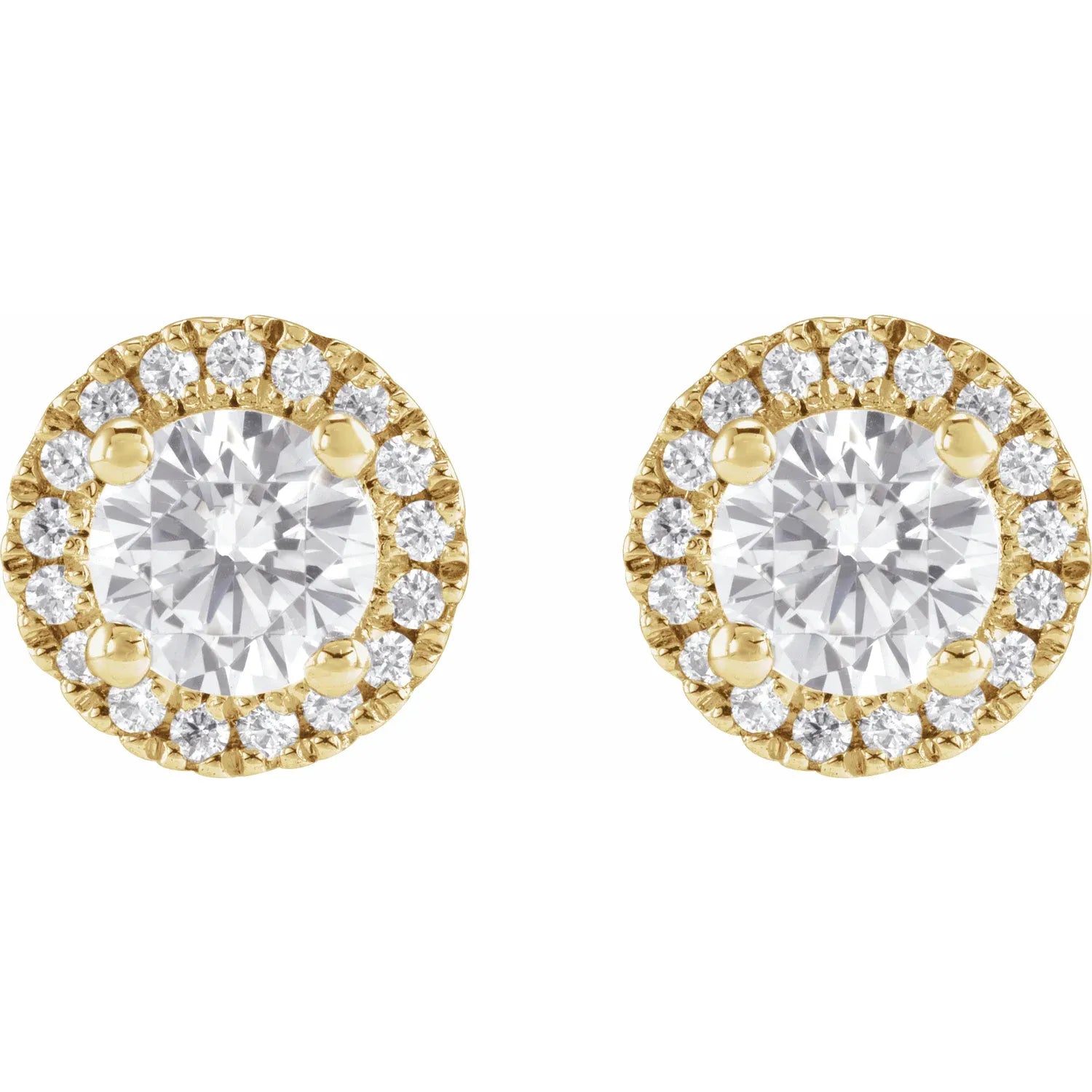 1 CTW Halo Style Lab Grown Diamond Stud Earrings Yellow Gold showing Center Stone and halo Style