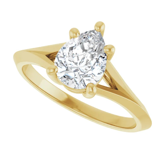 1 CT Diamond Pear Solitaire engagement ring for women yellow gold sideway picture showing center stone and prongs 