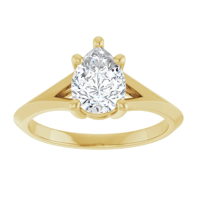 1 CT Diamond Pear Solitaire engagement ring for women yellow gold showing split shank and center stone 