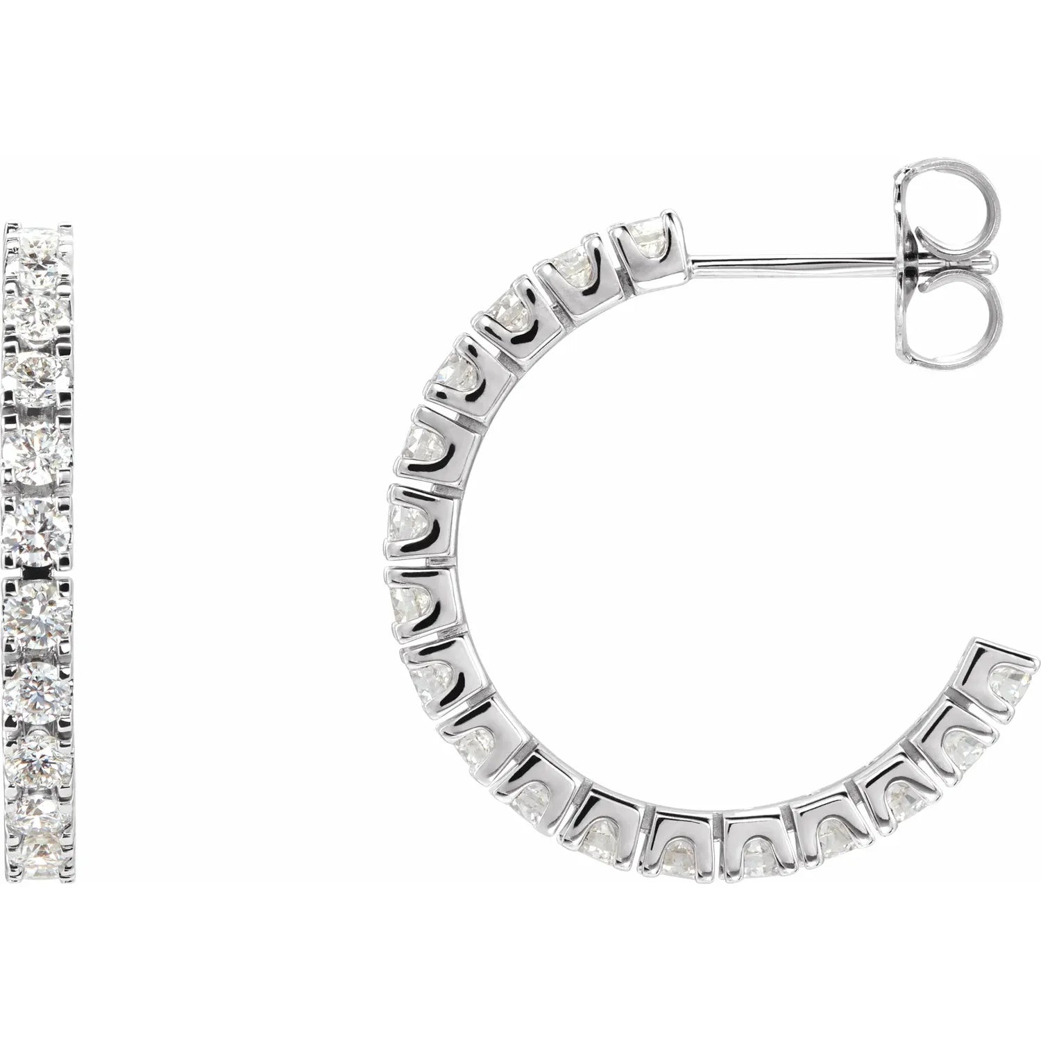 1 CTW lab grown diamond hoop earrings white gold showing post and diamond from the side 