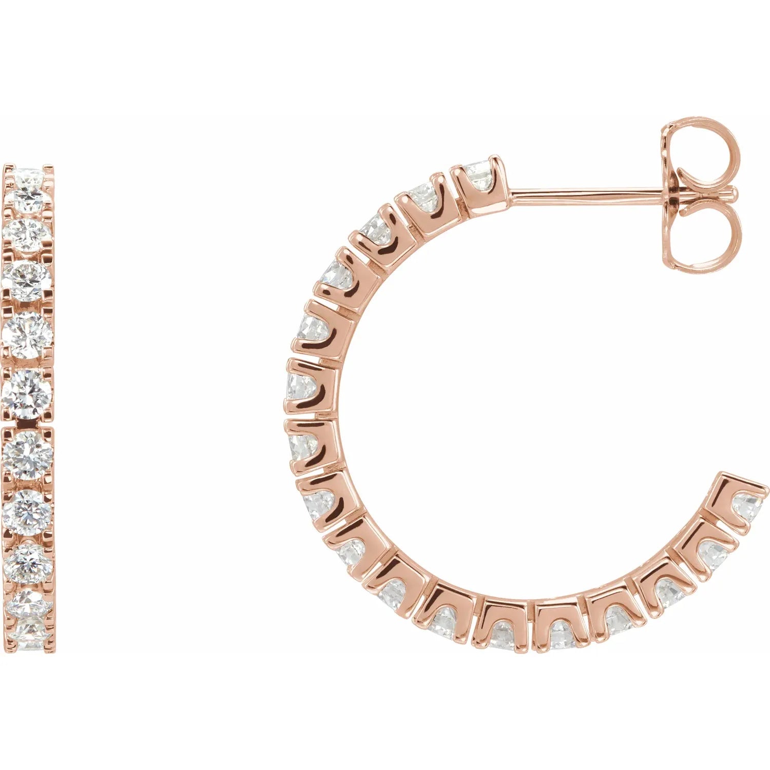 1 CTW lab grown diamond hoop earrings on rose gold from the side