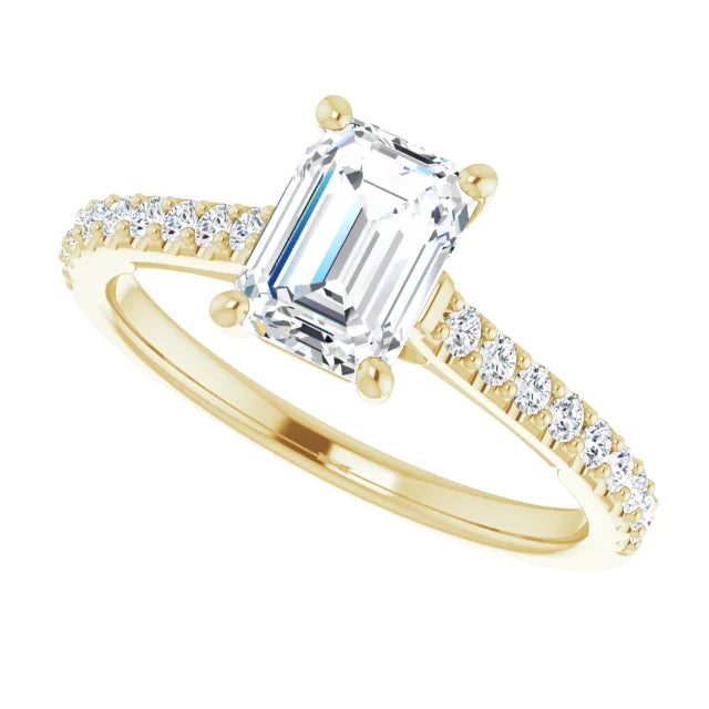 1 CT Infinity Emerald Cut Solitaire Engagement Ring for women on yellow gold sideway picture showing shank and center stone 