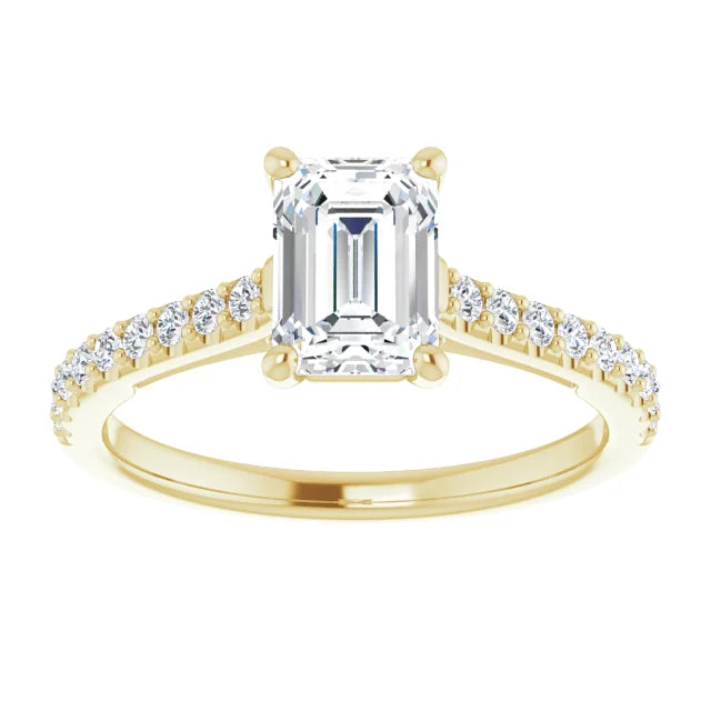 1 CT Infinity Emerald Cut Solitaire Engagement Ring for women on Yellow gold showing diamond on shank and center stone 