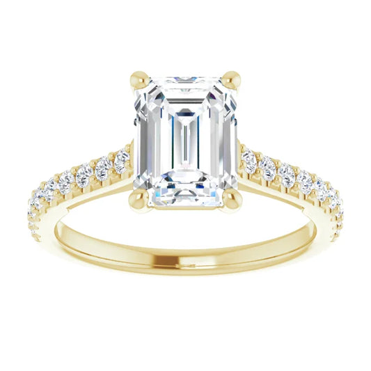 2 CTW for Infinity Emerald Cut Solitaire Engagement Ring for women on yellow gold showing center stone 