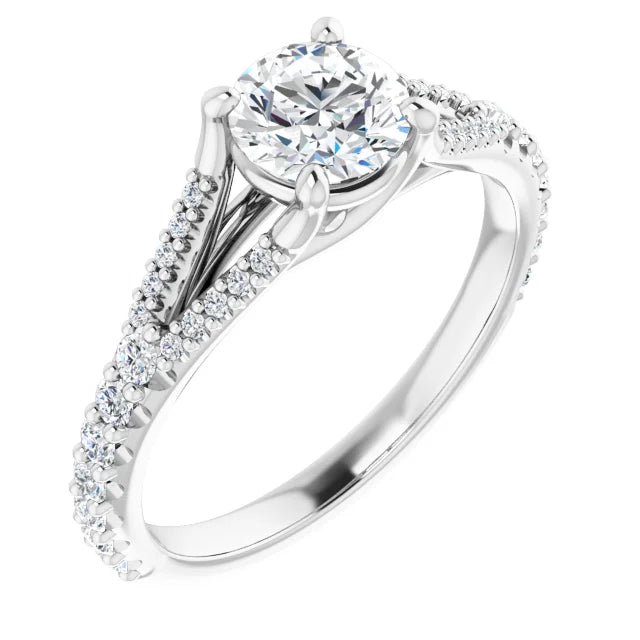 accented shank Lab Grown Diamond Engagement Ring on white gold showing center stone and shanks 