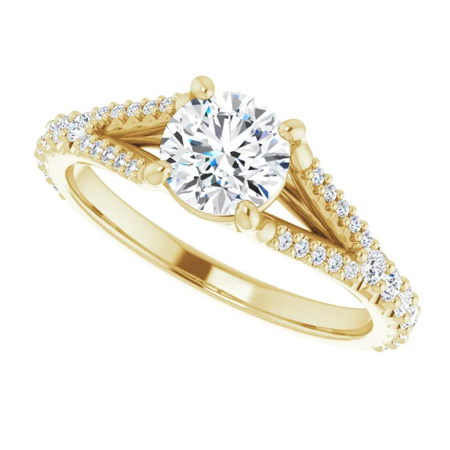 accented shank Lab Grown Diamond Engagement Ring yellow gold showing diamond in center and shanks 