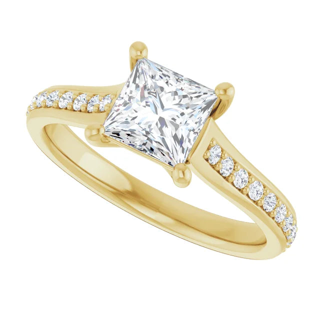 assented Shank Prince Cut Lab Grown Diamond Engagement Ring on Yellow Gold showing center stone and diamond on the shank 