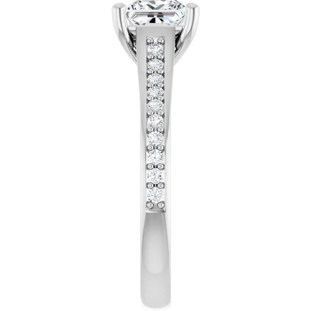 assented Shank Prince Cut Lab Grown Diamond Engagement Ring on White gold showing diamond on shanks 