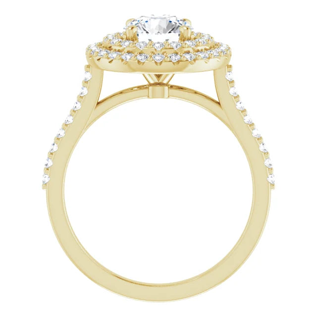 Double Halo Lab Grown Diamond Engagement Ring Stand Pic on Yellow Gold