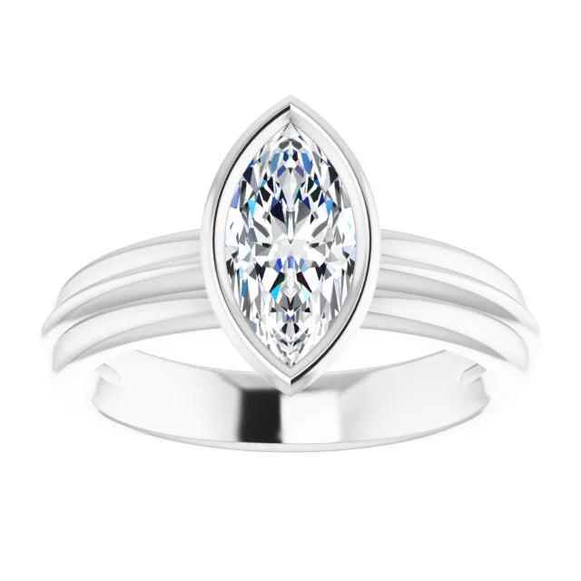 Bezel Set Marquise Cut Diamond Solitaire Engagement Ring for women on white gold showing center stone 