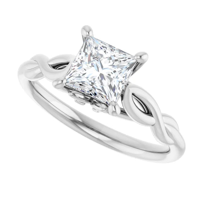 1 CT Twisted Shank Princess Cut lab grown Diamond Engagement Ring on white gold showing center stone and shank