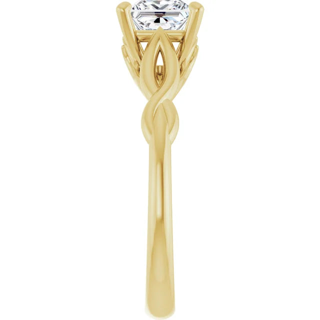 1 CT Twisted Shank Princess Cut lab grown Diamond Engagement Ring on Yellow Gold showing shank