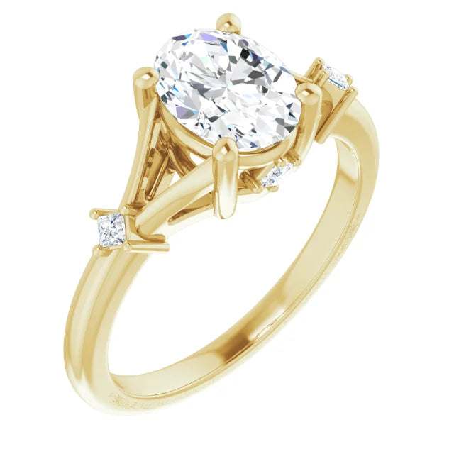 14K Gold 1 CT Lab Created Oval Diamond Engagement Ring on yellow gold sideway picture showing center stone and side diamond 