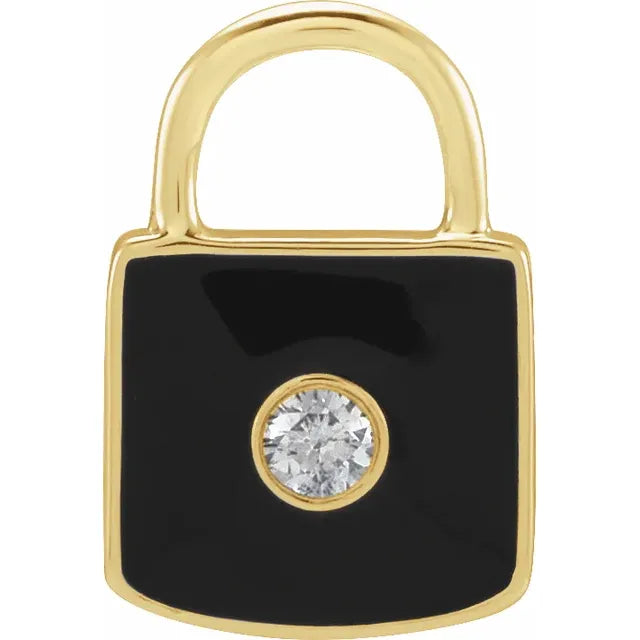 Natural Diamond & Black Enamel Lock Charm/Pendant