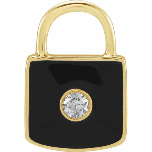 Natural Diamond & Black Enamel Lock Charm/Pendant