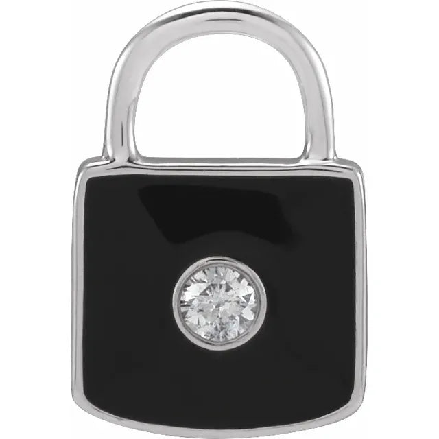 Natural Diamond & Black Enamel Lock Charm/Pendant on white gold