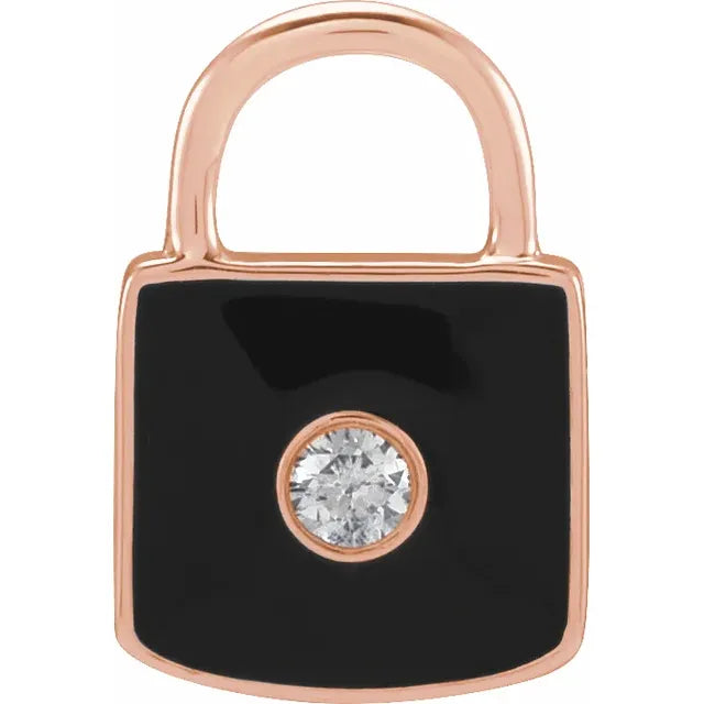 Natural Diamond & Black Enamel Lock Charm/Pendant on Rose Gold