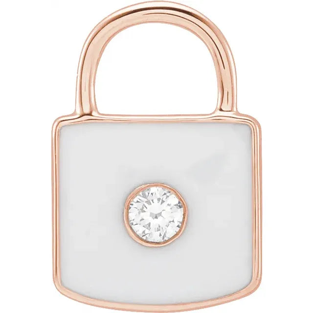 Natural Diamond & White Enamel Lock Charm/Pendant on Rose Gold