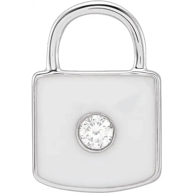 Natural Diamond & White Enamel Lock Charm/Pendant on White Gold