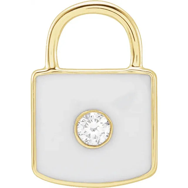 Natural Diamond & White Enamel Lock Charm/Pendant on Yellow Gold