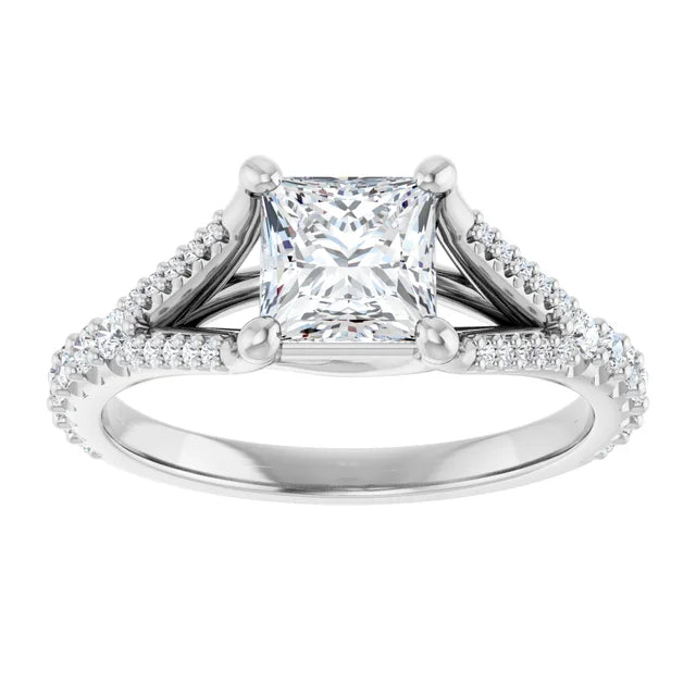 Split Assented Shank Princess Cut Lab Grown Diamond Engagement Ring on White Gold showing center stone 