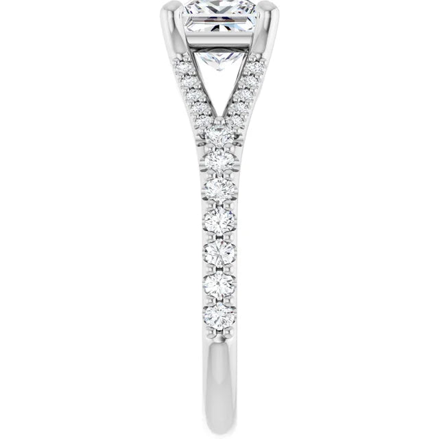 Split Assented Shank Princess Cut Lab Grown Diamond Engagement Ring on White gold showing diamond on shank