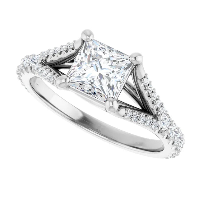 Split Assented Shank Princess Cut Lab Grown Diamond Engagement Ring on White gold showing center stone and shanks