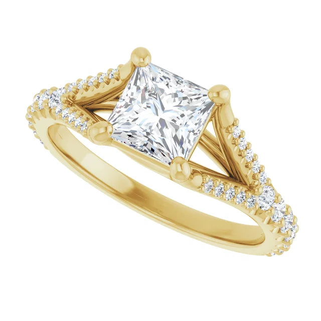 Split Assented Shank Princess Cut Lab Grown Diamond Engagement Ring on Yellow gold show center stone and diamond on shank 