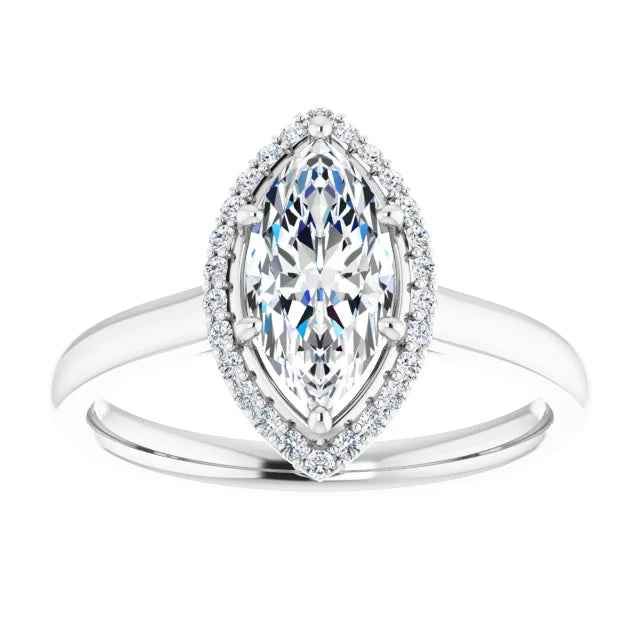 1 CT halo style pear shaped solitaire engagement ring for women on white gold showing center stone 