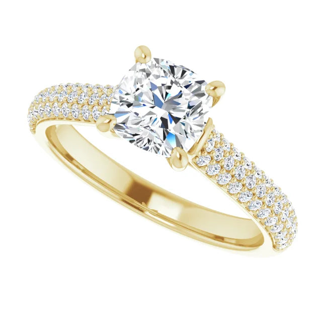 1 CT Cushion Cut Diamond Engagement Ring for Women on yellow gold sideway picture showing center stone and diamond on shank