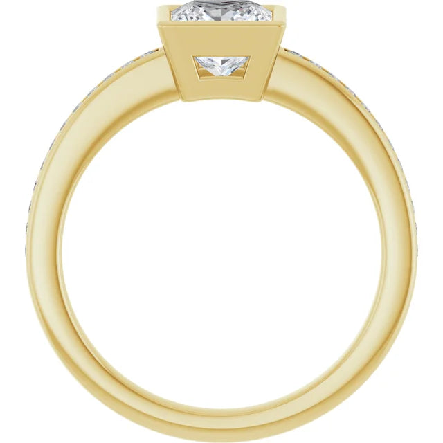 Assented Shank Bezel Set Lab Created Princess Cut Diamond Engagement Ring yellow gold showing under gallery 