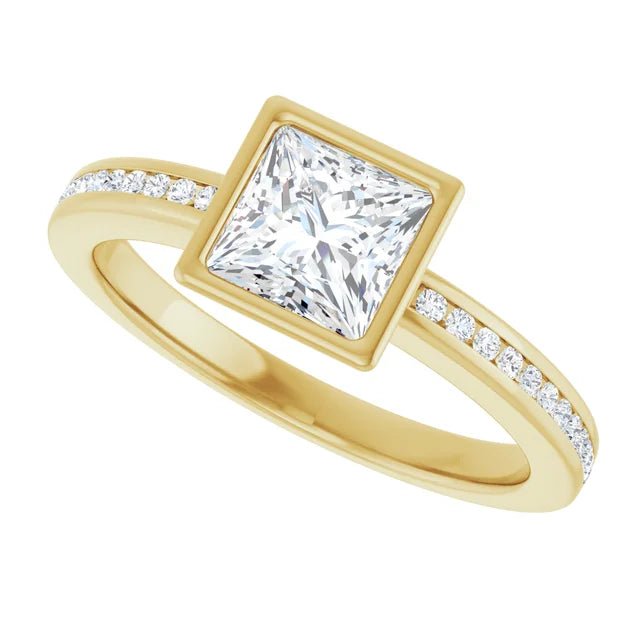 Assented Shank Bezel Set Lab Created Princess Cut Diamond Engagement Ring on Yellow gold