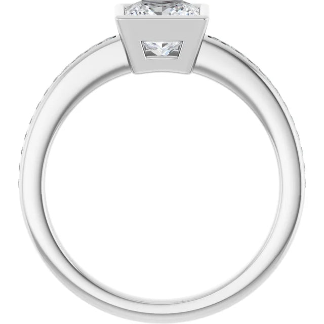 Assented Shank Bezel Set Lab Created Princess Cut Diamond Engagement Ring on white gold showing under gallery 