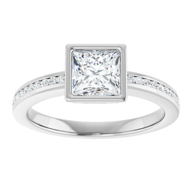 Assented Shank Bezel Set Lab Created Princess Cut Diamond Engagement Ring on white gold showing center stone 