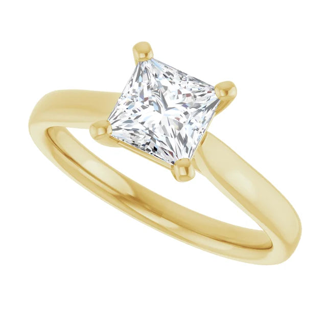 1 CT Princess Cut lab Grown Diamond Engagement Ring on Yellow gold sideway picture showing center stone